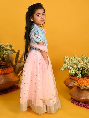 Saka designs girls floral printed lehenga choli with dupatta - blue & pink 2