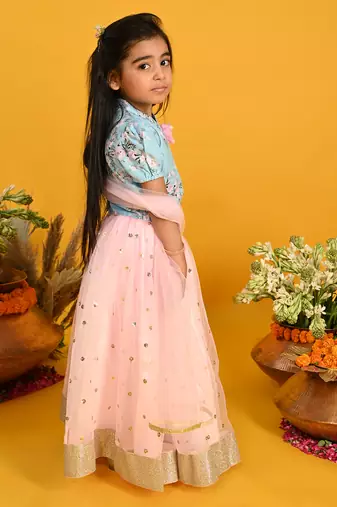 Saka designs girls floral printed lehenga choli with dupatta - blue & pink