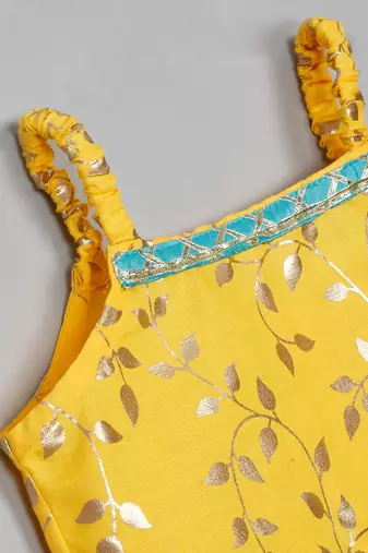 Saka designs square neck foil printed lehenga choli with dupatta for girl's - yellow