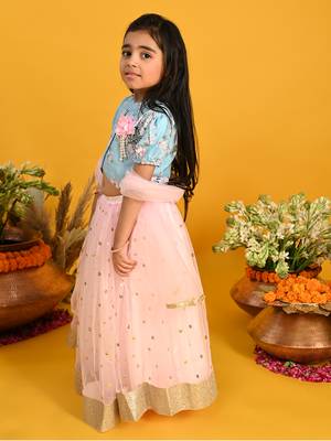 Saka designs girls floral printed lehenga choli with dupatta - blue & pink 3