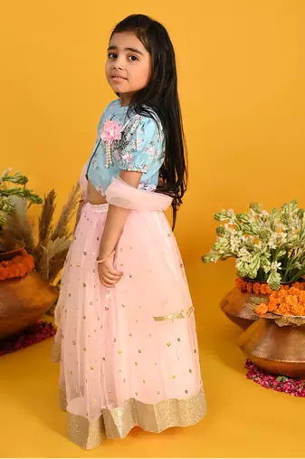 Saka designs girls floral printed lehenga choli with dupatta - blue & pink