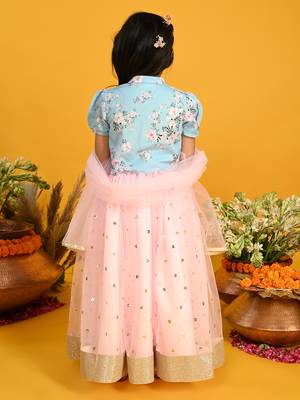 Saka designs girls floral printed lehenga choli with dupatta - blue & pink 4