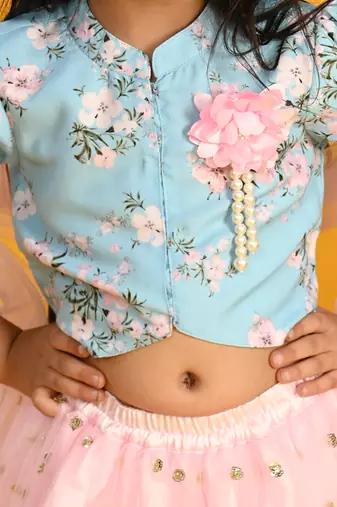 Saka designs girls floral printed lehenga choli with dupatta - blue & pink