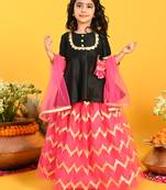 Saka designs girls embroidered lehenga and peplum choli with dupatta - black & magenta