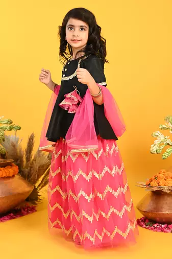 Saka designs girls embroidered lehenga and peplum choli with dupatta - black & magenta