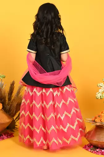 Saka designs girls embroidered lehenga and peplum choli with dupatta - black & magenta