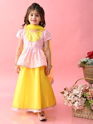 Saka designs girls printed lehenga choli with dupatta - yellow & pink 1