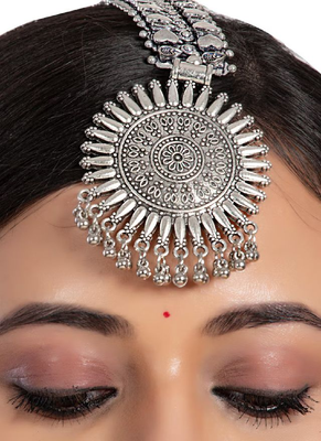 Oxidised maangtikka maathatikka headband silver ghungroo indian wedding wear forehead jewelry traditional ethnic wear 2