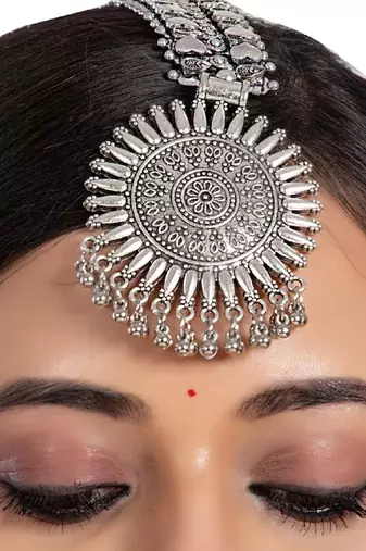 Oxidised maangtikka maathatikka headband silver ghungroo indian wedding wear forehead jewelry traditional ethnic wear