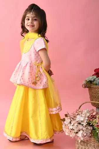 Saka designs girls printed lehenga choli with dupatta - yellow & pink