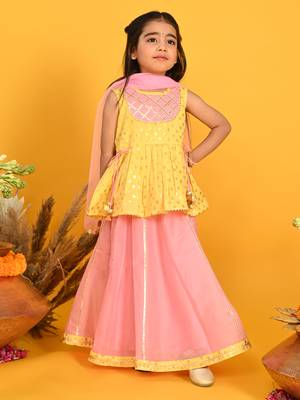 Saka designs girls printed lehenga choli with dupatta - yellow & pink 1