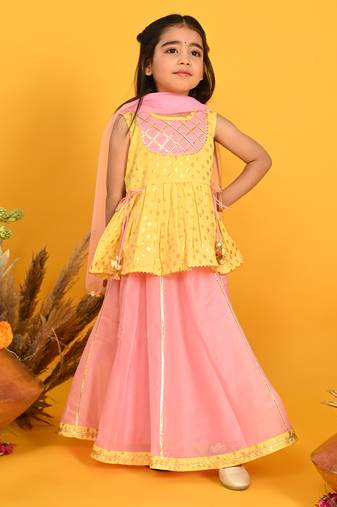 Saka designs girls printed lehenga choli with dupatta - yellow & pink