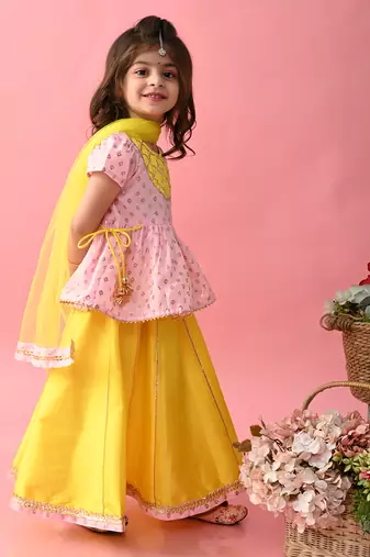 Saka designs girls printed lehenga choli with dupatta - yellow & pink