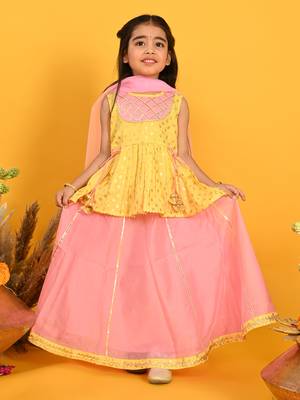 Saka designs girls printed lehenga choli with dupatta - yellow & pink 2