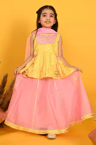 Saka designs girls printed lehenga choli with dupatta - yellow & pink