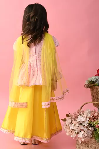 Saka designs girls printed lehenga choli with dupatta - yellow & pink