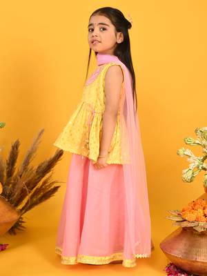 Saka designs girls printed lehenga choli with dupatta - yellow & pink 3