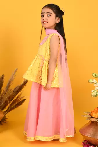 Saka designs girls printed lehenga choli with dupatta - yellow & pink