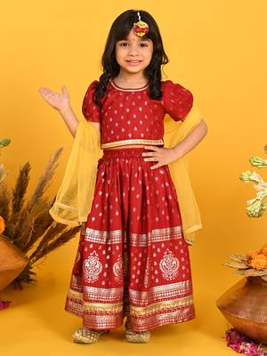 Saka designs girls gold printed lehenga choli with dupatta - maroon 1