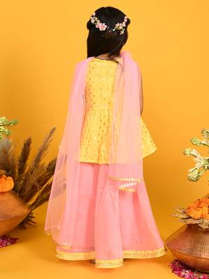 Saka designs girls printed lehenga choli with dupatta - yellow & pink 4