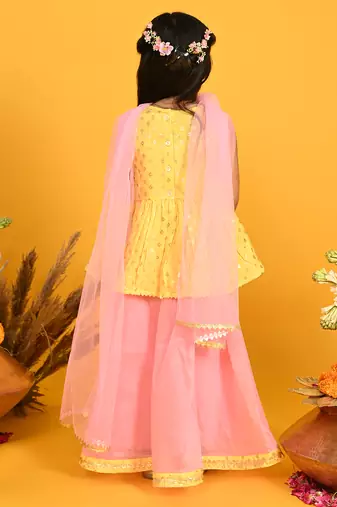 Saka designs girls printed lehenga choli with dupatta - yellow & pink