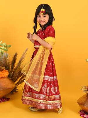 Saka designs girls gold printed lehenga choli with dupatta - maroon 2