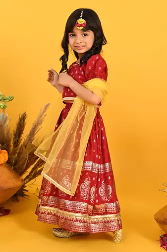 Saka designs girls gold printed lehenga choli with dupatta - maroon