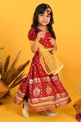 Saka designs girls gold printed lehenga choli with dupatta - maroon