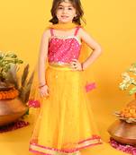 Saka designs orange lehenga with sequence work and poly jaquard choli in magenta