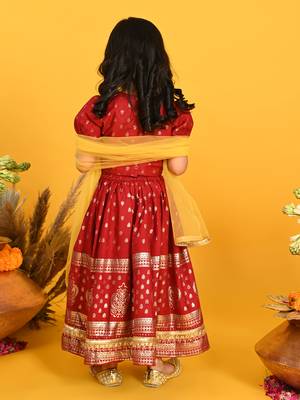 Saka designs girls gold printed lehenga choli with dupatta - maroon 4