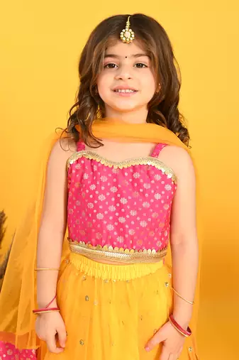 Saka designs orange lehenga with sequence work and poly jaquard choli in magenta