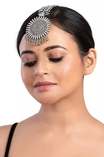 Oxidised maangtikka maathatikka headband silver ghungroo indian wedding wear forehead jewelry traditional ethnic wear
