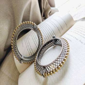Hot selling dual tone kada bangles set of 5 oxidised indian gold silver plated hand bracelet openable broad bracelet 2