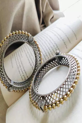 Hot selling dual tone kada bangles set of 5 oxidised indian gold silver plated hand bracelet openable broad bracelet