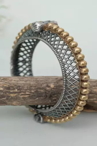 Hot selling dual tone kada bangles set of 5 oxidised indian gold silver plated hand bracelet openable broad bracelet