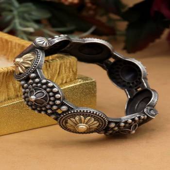 Hot selling dual tone kada bangles set of 5 oxidised indian gold silver plated hand bracelet openable broad bracelet 4