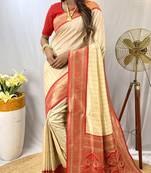 White Kanchipuram Style Paithani Silk bland contrust border Saree With Blouse