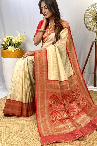 White Kanchipuram Style Paithani Silk bland contrust border Saree With Blouse