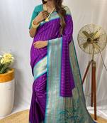 Purple Kanchipuram Style Paithani Silk bland contrust border Saree With Blouse