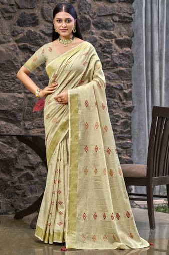Sangam prints cream linen woven work traditional saree