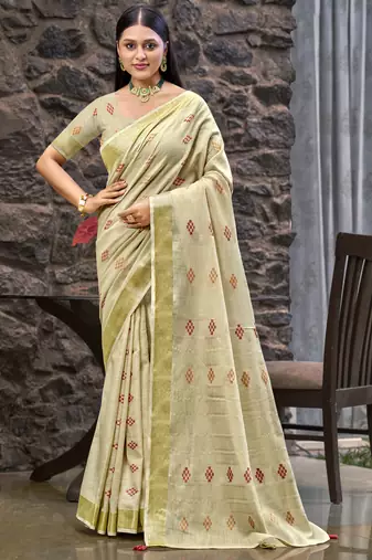 Sangam prints cream linen woven work traditional saree