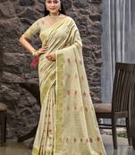 Sangam prints cream linen woven work traditional saree