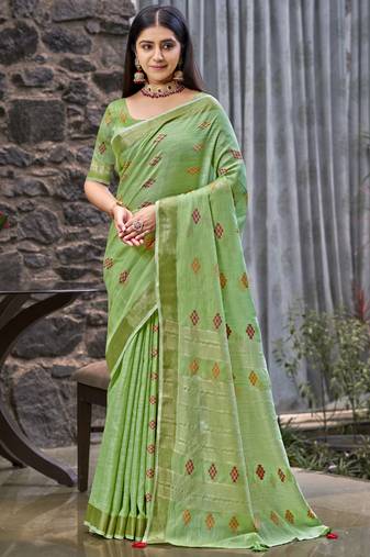 Sangam prints green linen woven work traditional saree