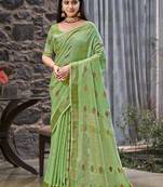 Sangam prints green linen woven work traditional saree