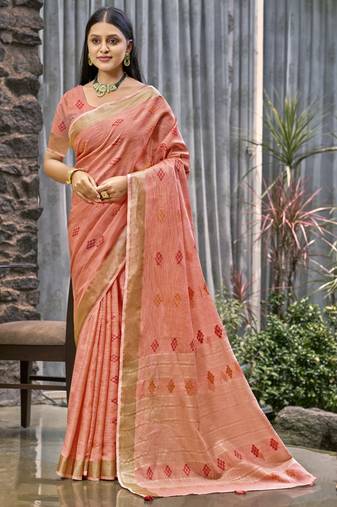 Sangam prints peach linen woven work traditional saree