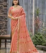 Sangam prints peach linen woven work traditional saree
