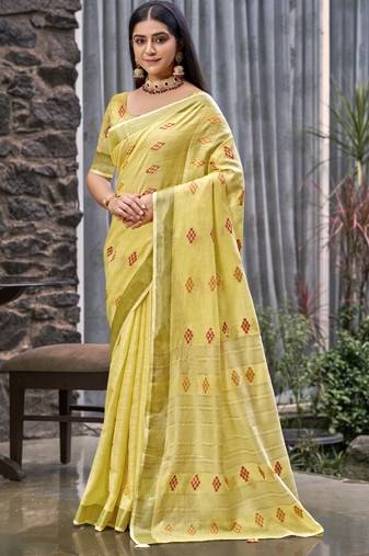 Sangam prints yellow linen woven work traditional saree