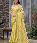 Sangam prints yellow linen woven work traditional saree