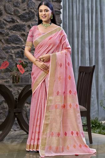 Sangam prints pink linen woven work traditional saree