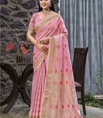 Sangam prints pink linen woven work traditional saree